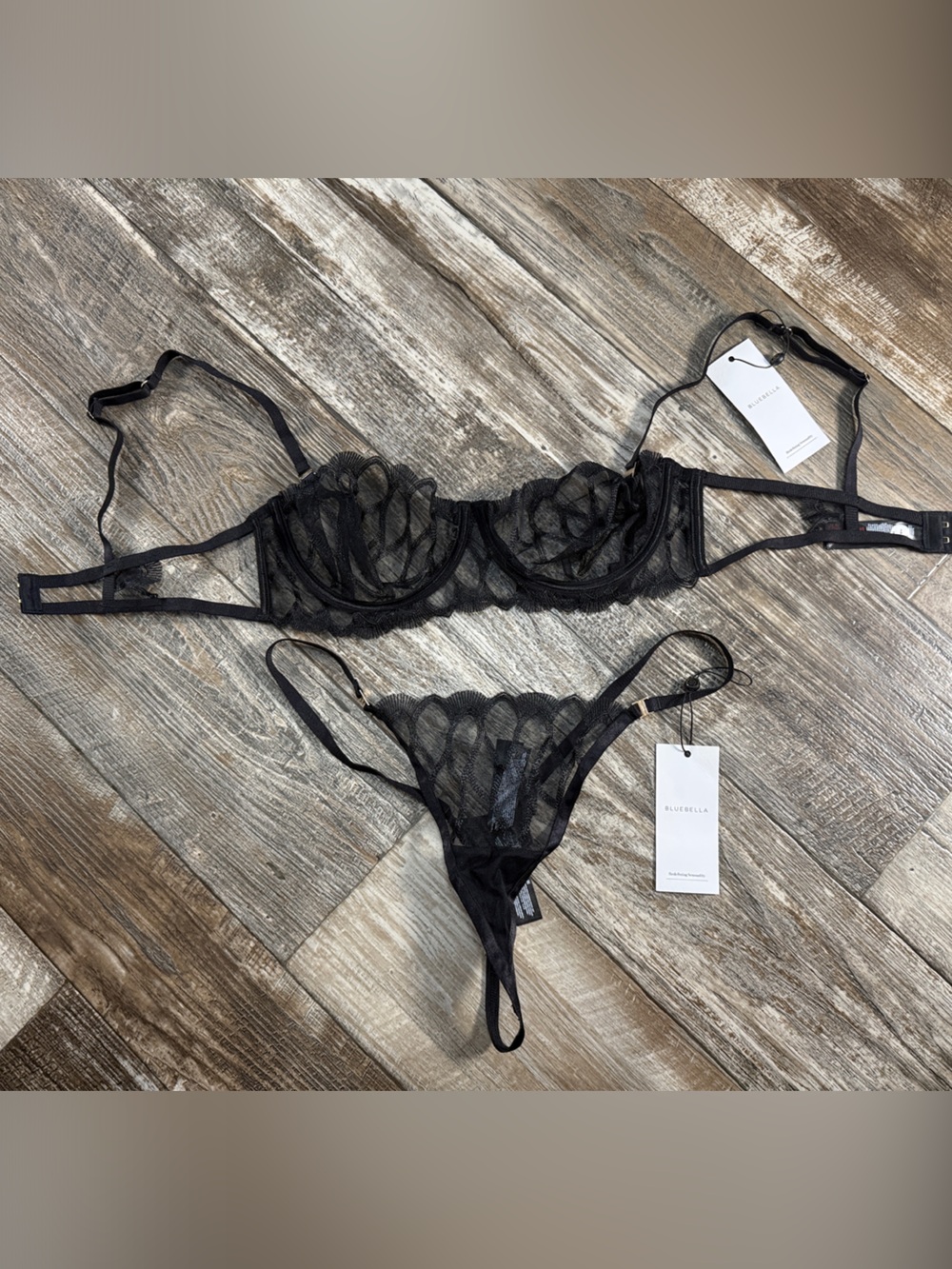 Bluebella Black Sheer Lace Underwire Bra & Thong Set
